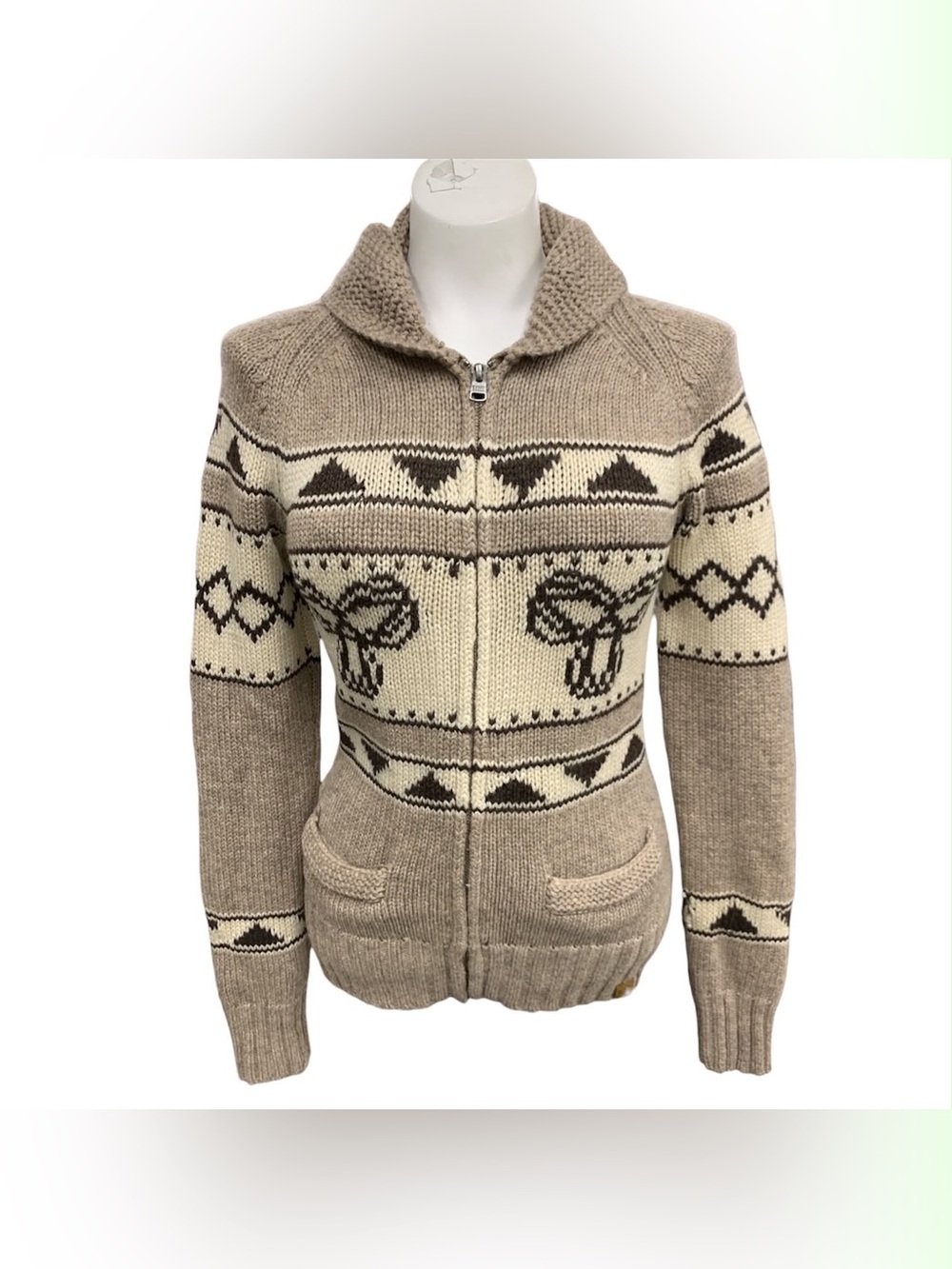TNA Taupe and Cream Zip-Up Knit Cardigan with Pattern Size M